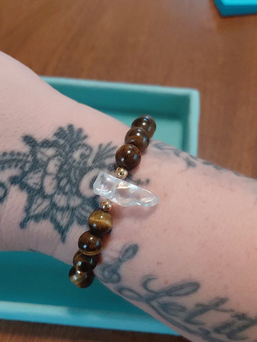 Tiger Eye Beaded Stretch Bracelet with Clear Aura Quartz